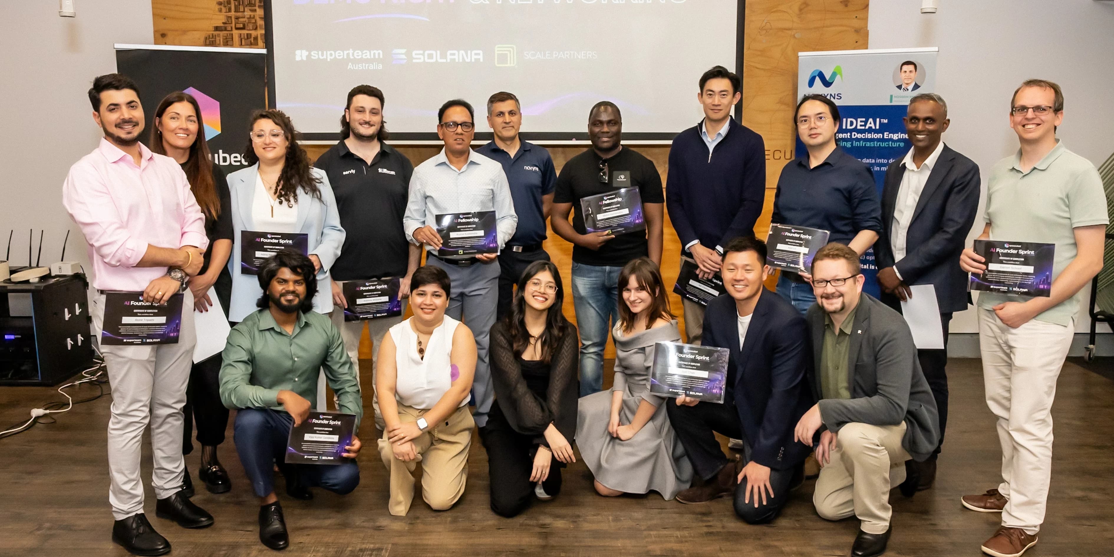 AI Founder Sprint and AI Fellowship founders at Spacecubed Demo Night 2026, supported by Superteam Australia, Solana and Scale Partners.