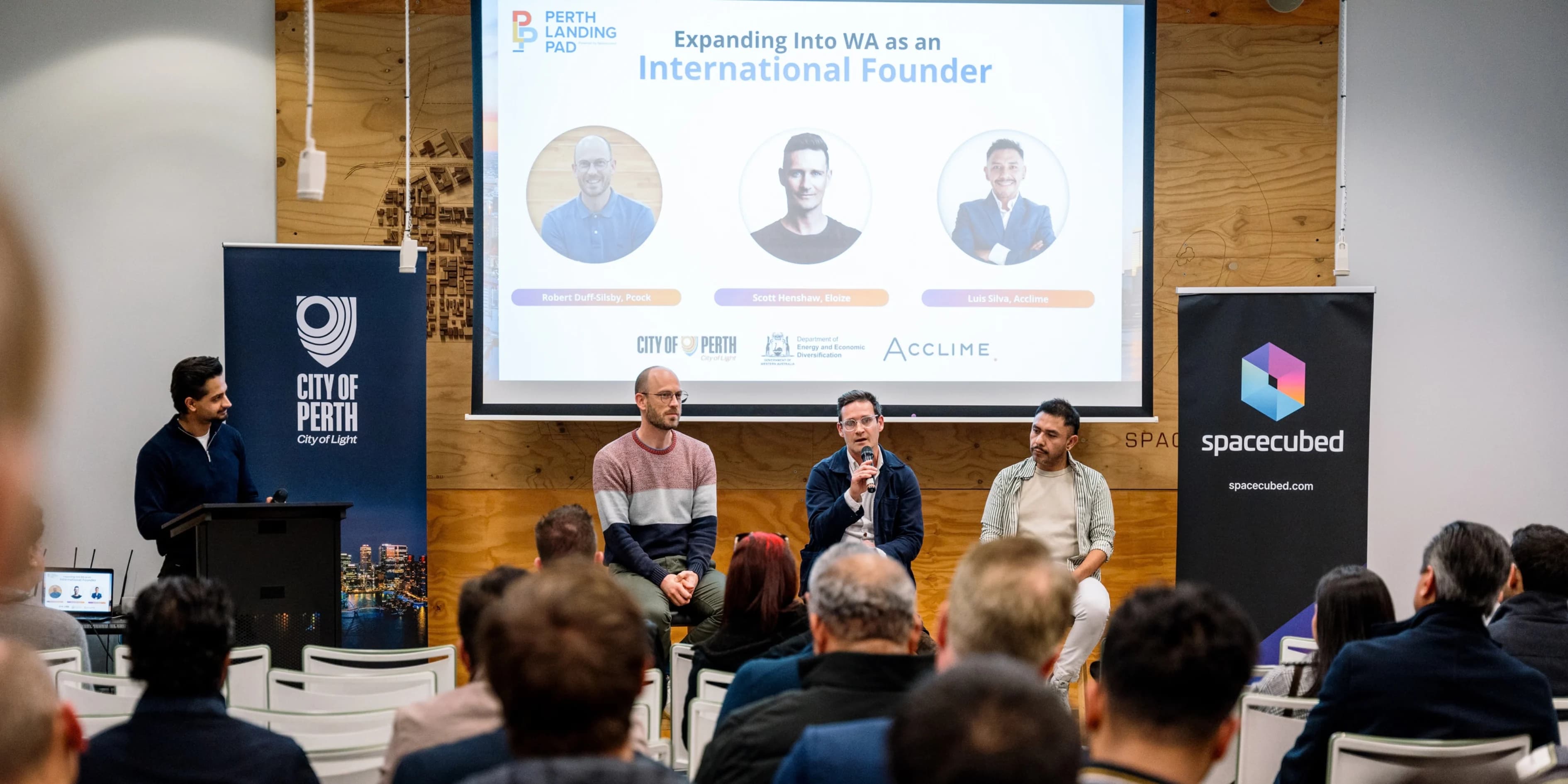 Scott Henshaw, founder of Eloize, pitching at Spacecubed’s Global Innovation Showcase in Perth through the Perth Landing Pad program, supported by the City of Perth.