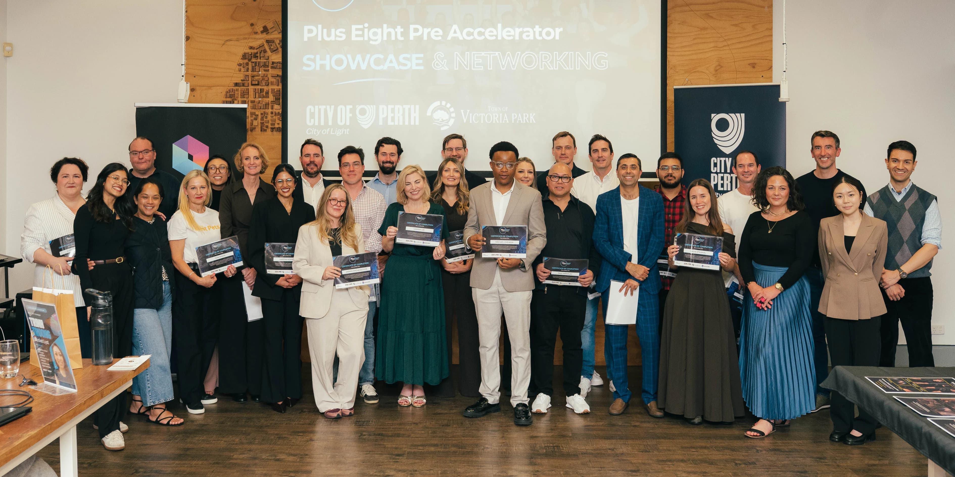 City of Perth Plus Eight Pre-Accelerator 2026 cohort at the sold-out Showcase at Riff in Perth, celebrating six weeks of pitching, learning and building